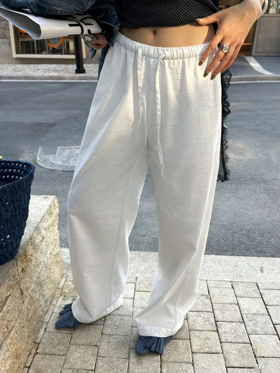 Women's Casual White Cotton Blend Loose Straight Leg Pants, Long Leg, With Pleated Details, Non-Stretch Fabric - White - View 1