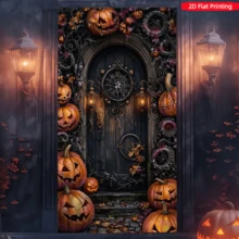 2D Flat Banner 1pc Halloween Vintage Pumpkin Door Curtain Hanging Cloth, Dark Gothic Pumpkin Lantern Clock Print Door Cover, Suitable For Halloween Indoor/Outdoor Holiday Decoration, Party Backdrop, Theme Photography Wall, Creating Horror Mysterious Atmosphere, Polyester Material - A - View 4