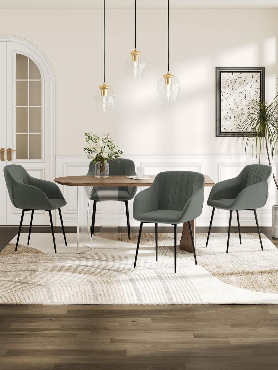 Goeurvant Contemporary Vertical-Stripe Upholstered Dining Chairs With Armrests & Metal Legs For Dining Room, Kitchen, Living Room - Set Of 2 / Set Of 4 / Set Of 6 - Light Grey - 淺灰色 - 查看 1