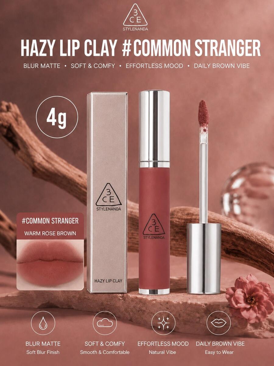 3CE HAZY LIP CLAY #COMMON STRANGER 4g，質地滑順不乾澀，可疊加顯色，適合黃色與白皙膚色