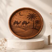 1pc Creative Walnut Wood Plate, Desert Camel Star Moon Date Palm Tree Carved Round Wooden Plate, Western Dinner Plate, Steak Plate, Candy Plate, Fruit Plate, Solid Wood Pizza Board, Serving Tray - View 8