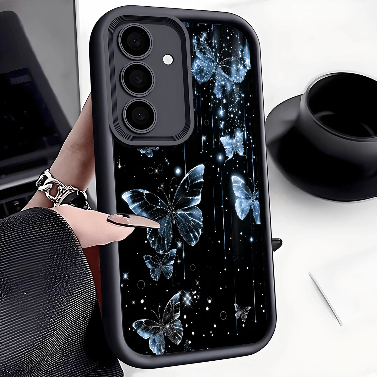 1pc Creative Butterfly Flying In The Night Full Coverage Anti-Drop Phone Case, Thickened Anti-Slip Protective Cover Compatible With IPhone, Honor, Galaxy, - Black - View 1
