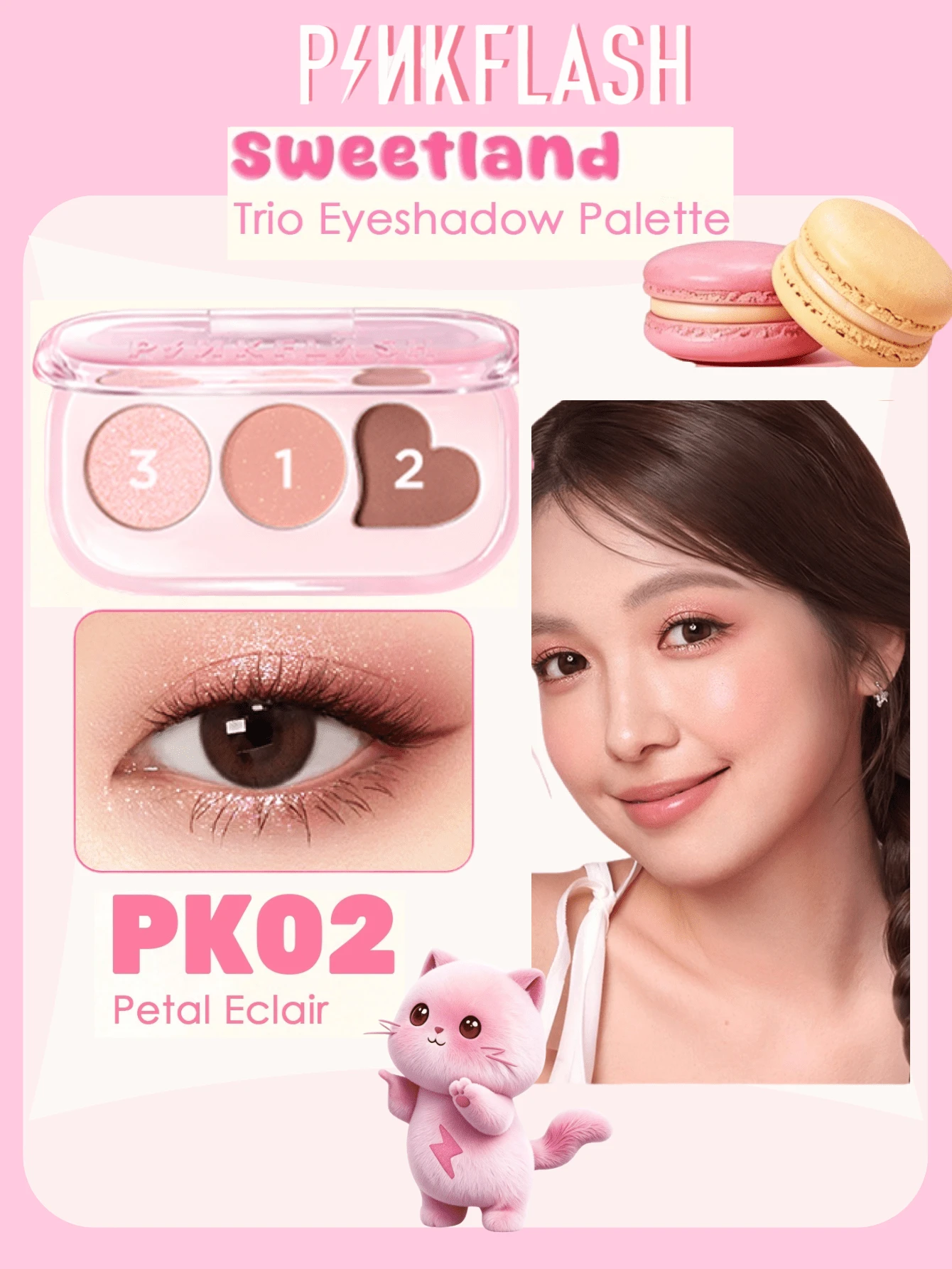 PINKFLASH 4g Pocket-Sized 3-Color Eyeshadow Palette, Long-Lasting Pigment, Anti-Crease & Anti-Fade, Smooth Texture Easy To Blend, Mini Portable, Travel Essential, Versatile Neutral Colors, Suitable For All Occasions - #PK02 Petal Eclair - View 1