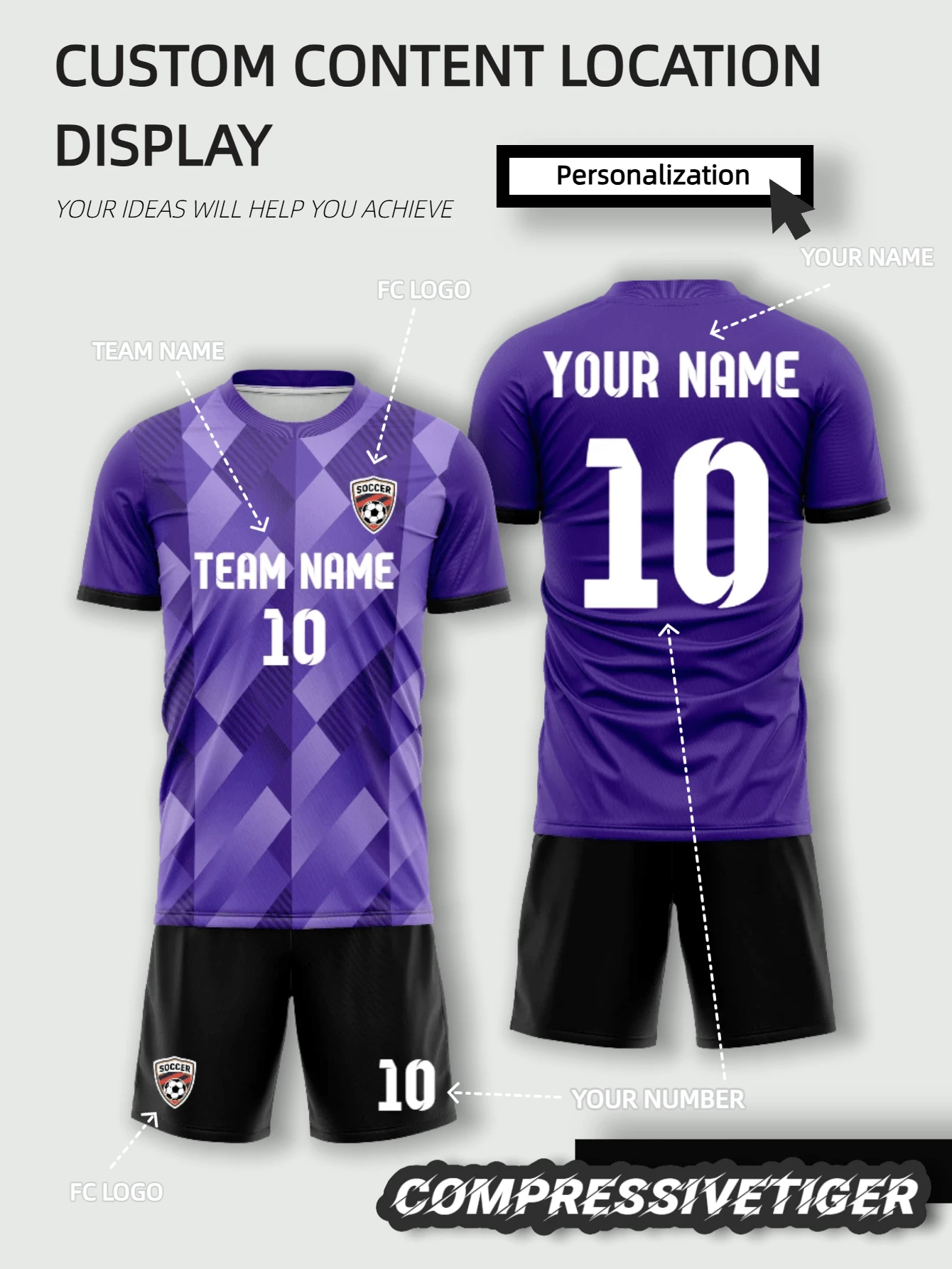 2pcs Customized Rhombus Grid Football Jersey Set, Purple Tone Geometric Print Colorway, Front And Back Open Customization Areas, Freely Change Player Name, Number, And Add Team Logo, Comfortable Fabric, Full Set Of Jersey And Shorts, Suitable For Football, Sports Training, Match Competition, Daily Wear With Eye-Catching Personalized, 2026 Football Match - Purple - View 1