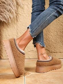 Women's Fluffy Plush Shaped Trimmed Woven Strap No Print Round Toe Backless Thick Sole Flat Heel Plush Toe Slippers, Retro Casual Home Rest Street Stroll Short Distance Shopping Autumn/Winter Camel Brown - Camel - View 2