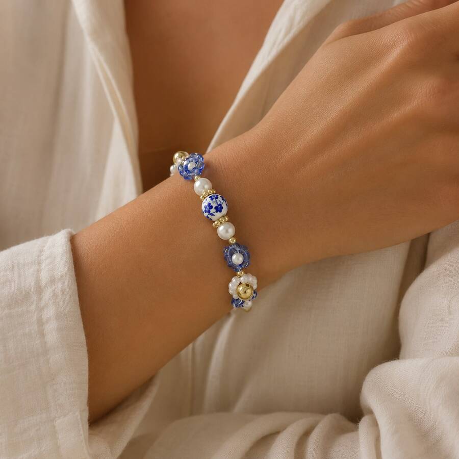 1pc Elegant Fashionable Exquisite Floral Blue And White Porcelain Faux Pearl Beaded Bracelet Suitable For Women's Daily Casual Outings, Banquets, Music Festivals, Party Events - Blue and White - View 1