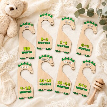 8pcs Cute Dinosaur Wooden Baby Clothes Divider Tags NB-24 Months Clothing Size Classification Labels Newborn Clothing Hanger Partition Organizer Labels Maternity & Baby Storage Supplies