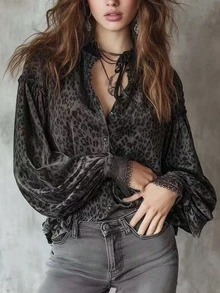 Fashionable Leopard Print Women's Long Sleeve Button-Down Shirt, Contrast Lace Cuffs And Bishop Sleeves, Elegant Polyester Top - Multicolor - View 2