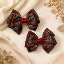 2pcs Red Grey Plaid Bow Hair Clips For Girl, Ribbon Edged Hair Bow,Alligator Clips For Daily,Party, Pastoral Style, Sweet Kids Hair Accessories - Multicolor - View 2