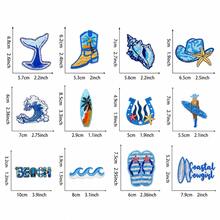 1pc Blue Summer Sequin Iron On Patches Tropical Beach Ocean Embroidered Applique Pink Patches For Hats, Clothes, Bags, Jackets, Backpacks, Vacation Decor - Blue - View 3