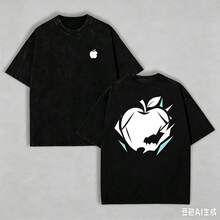 Vintage Acid Wash Oversized T Shirt, Minimal Apple Graphic Print Crew Neck Short Sleeve Tee, Unisex Casual Loose Fit Streetwear Cott - 黑色 - 查看 9