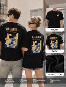 Men's Algeria Landscape Graphic Tee Black Cotton Vintage Travel Print T-Shirt Casual Oversized Short Sleeve Summer Top - Black - View 1
