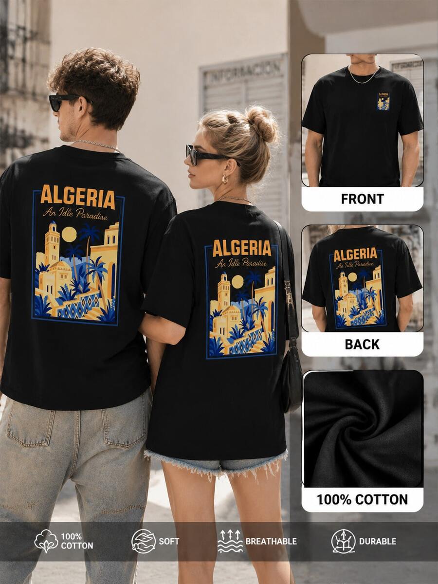 Men's Algeria Landscape Graphic Tee Black Cotton Vintage Travel Print T-Shirt Casual Oversized Short Sleeve Summer Top - Black - View 1