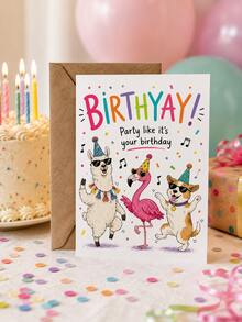 Birthyay Funny Dancing Animal Birthday Greeting Card With Kraft Envelope, Cute Llama Flamingo Dog Party Cartoon Print Confetti Music Note Wish Card, Colorful Lettering Design Novelty Happy Birthday Gift For Kids Adults Friends Family - Multiple Styles - View 2