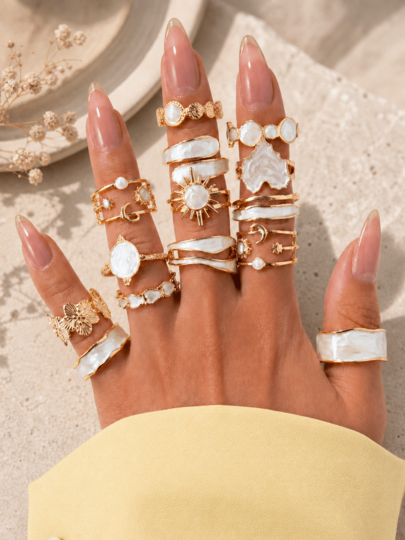 14/6/8pcs Fashion Elegant Sophisticated Luxurious Glamorous Sun Heart Star Moon Flower Geometric Pattern White Drip Oil Ring Set For Women, Vacation, Banquet, Party, Date, Travel, Shopping, Daily Wear, New Versatile Combination