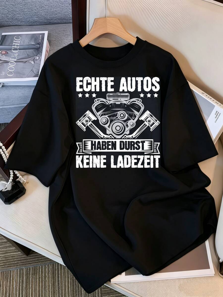Echte Autos haben Durst, keine Zeit zum Laden des Motors, Grafik-T-Shirt mit Kolben, Vintage-Retro-T-Shirt für Kfz-Mechaniker mit deutschem Text für Herren - Schwarz - Übersicht 1