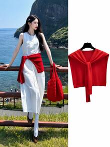 1pc Women's Sweet Style Solid Color Knitted Shrug Shoulder Wrap, Warm And Suitable For Daily Use For Dress,Beach,Holiday - Angola Red - View 5