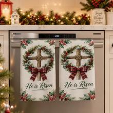 2pcs Christmas Wreath Print Kitchen Towels, He Is Risen English Text, Holly Red Berry Plaid Bow Pattern Hand Towels, Oven Door Decorative Hanging Towels, Holiday Home Kitchen Decor, 4/6/8pcs Box Set - Multicolor - View 2