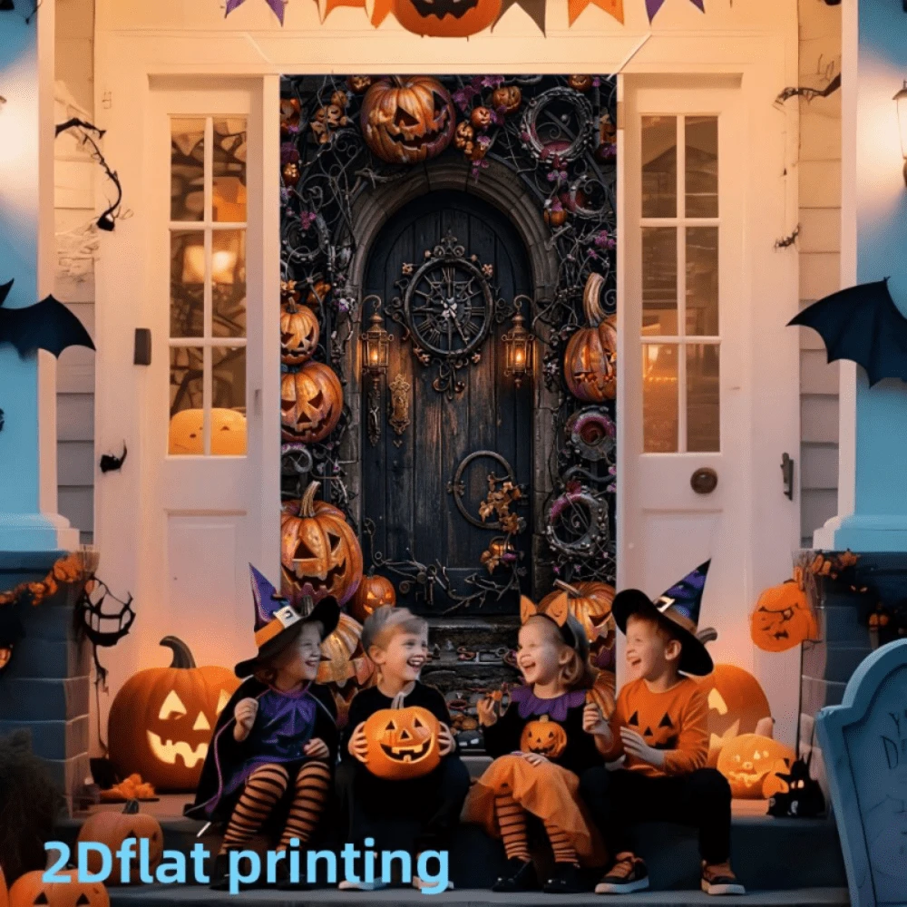 2D Flat Banner 1pc Halloween Vintage Pumpkin Door Curtain Hanging Cloth, Dark Gothic Pumpkin Lantern Clock Print Door Cover, Suitable For Halloween Indoor/Outdoor Holiday Decoration, Party Backdrop, Theme Photography Wall, Creating Horror Mysterious Atmosphere, Polyester Material - A - View 1
