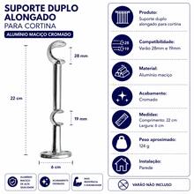 Suporte Duplo Alongado Para Varão De Cortina 28mm E 19mm Alumínio Maciço Cromado Luxo Unidade Bella Arte Acompanha Buchas E Parafusos Alta Resistência Fácil Instalação Ideal Para Cortina Com Blackout E Voil Acabamento Premium - 1PC - Visão 3