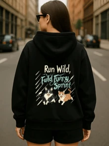 Women's Cute Cat Graphic Drawstring Pullover Hoodie Soft Cozy Long Sleeve Fall Winter Casual Wear Herbst Autumn Outfits Women - Black - View 7