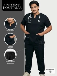 Roupas de Trabalho Hospitalare Plus Size Clínica Odontológica, Terno Cirúrgico de Enfermeira Veterinária  Todos    Ajuste Regular    Bolso    Dia das Enfermeiras - Preto - Visão 12