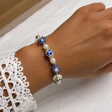 1pc Elegant Fashionable Exquisite Floral Blue And White Porcelain Faux Pearl Beaded Bracelet Suitable For Women's Daily Casual Outings, Banquets, Music Festivals, Party Events - Blue and White - View 3