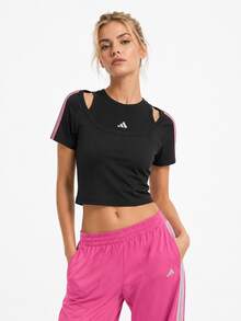 Adidas 三條紋舞動系列短版雙領口女子修身短袖T卹 - 黑色 - 查看 3