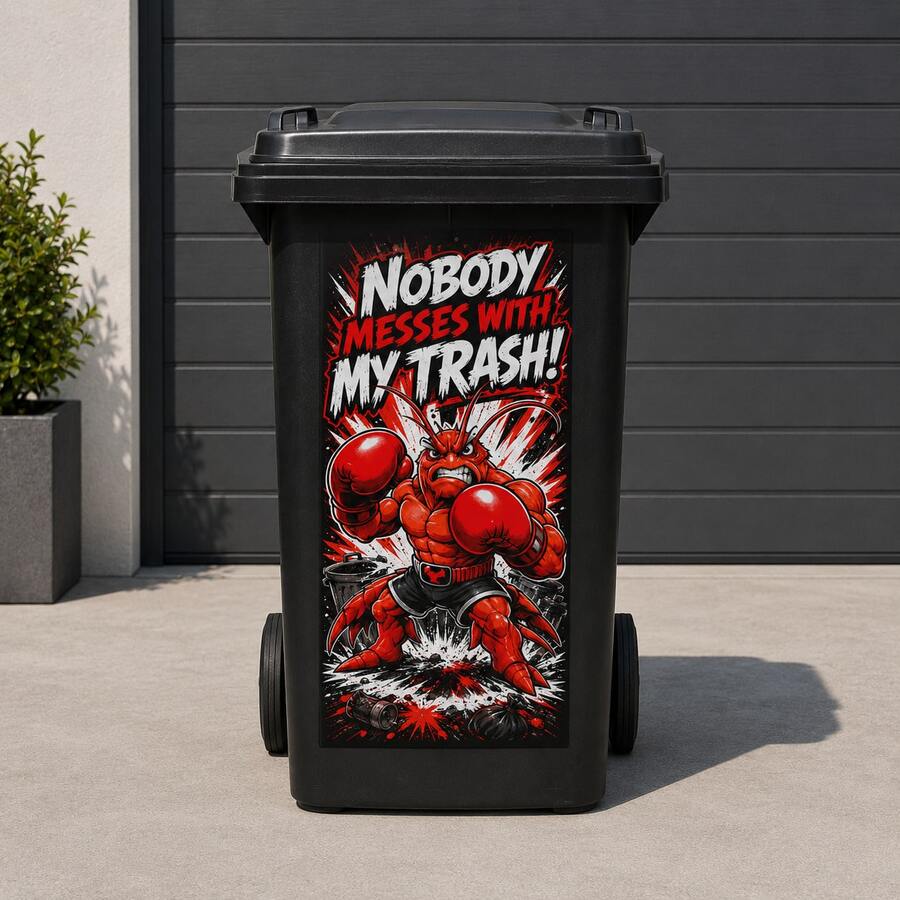 1pc 2D Flat Self-Adhesive Trash Can Sticker, Boxing Lobster Trash Can Sticker Design, Waterproof PVC Wheel Trash Can Decal, Suitable For Outdoor Home Decor, Creative Trash Can Decoration, Suitable For Wall And Kitchen Decor, Home Organization, PVC Material, Easy To Tear And Paste, Flat Art Sticker, Kitchen Storage
