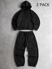 Vintage Washed Distressed Hoodie & Jogger Sweatpants 2 Pieces Set For Men, Casual Daily Wear - Black - View 1