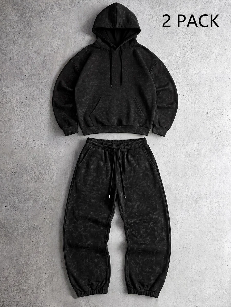 Vintage Washed Distressed Hoodie & Jogger Sweatpants 2 Pieces Set For Men, Casual Daily Wear - Black - View 1