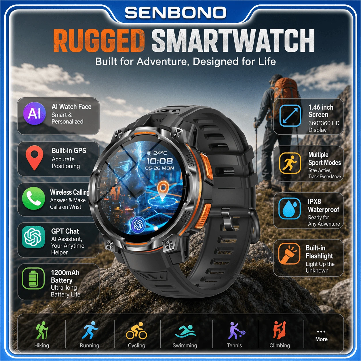 SENBONO Men's Heavy Duty GPS Smartwatch For Outdoor Sports, IPX8 Waterproof, Multi-Sport Modes, All-Day Health & Sleep Monitor, 1200mAh Battery, Flashlight, GPT, AI Watch Face, Message Notifications, Weather Sync - View 1