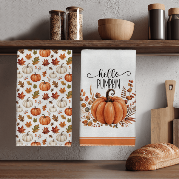 MEMNUN 2 Pcs Autumn Pumpkin Maple Leaf Berry Print Kitchen Towels Dish Cloths Microfiber Polyester Material Hello Pumpkin Autumn Harvest Decorative Hand Towels Thanksgiving Home Decor, Kitchen Decor, Fall Decor Suitable For Restaurant Kitchen Home Decoration And Gifts 40*60cm/45*70cm
