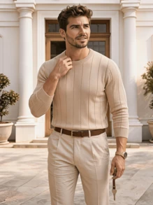 Men's Casual Ribbed Knit Sweater, Round Neck, Minimalist & Fashionable For Daily Wear - Camel - View 1