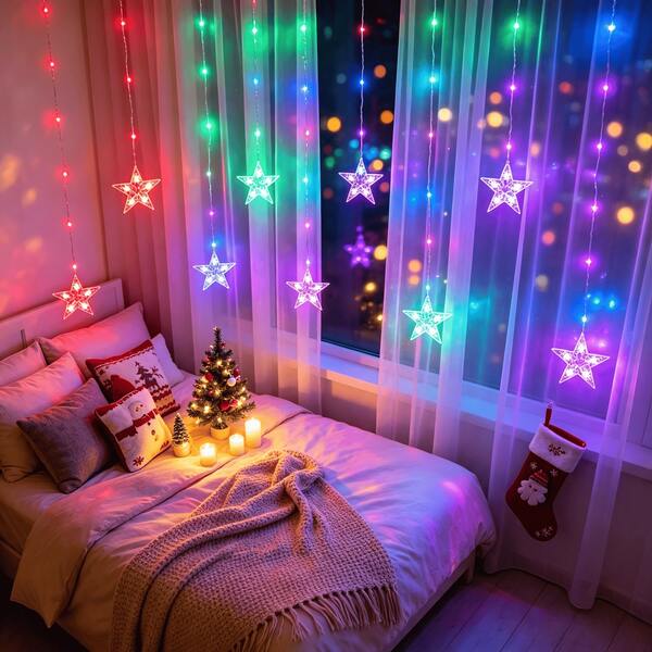 Lampu Hias Tirai Berbentuk Bintang dengan Kotak Baterai, Lampu Gantung LED Warna Putih Hangat dan RGB yang Berubah Warna, Cocok untuk Kamar Tidur, Natal, Pesta, dan Dekorasi Rumah
