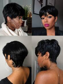 ARABELLA 6 Inch Silky Straight Short Wig With Bangs Natural Color 100% Human Hair Wigs Machine-Made Glueless Virgin Human Hair Curly Wig Bangs Wig Natural Looking Beginner Friendly - SNatural - View 7