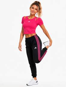 Adidas Three-Stripe Dancing Series Short-Sleeved Slim-Fit Women's T-Shirt With Double Neckline - Hot Pink - View 2