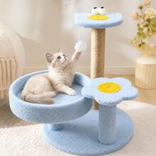 All-Season Cat Tree, Cat Climbing Tower, Cat Tree With Cat Bed, Large Cat Tree, Thick Sisal Rope, Indoor Home Use, Tall Cat Tree With Cat Bed, Tall, Stable, Wear-Resistant, No Shedding, Multi-Layer Cat Tree, Blue Floral Design Cat Tree, With Round Cat Bed, Sisal Scratching Post And Hanging Ball Toy, Multi-Platform Cat Activity Center, Indoor Pet Entertainment Furniture, Suitable For Daily Resting, Scratching And Playing - Multicolor - View 9