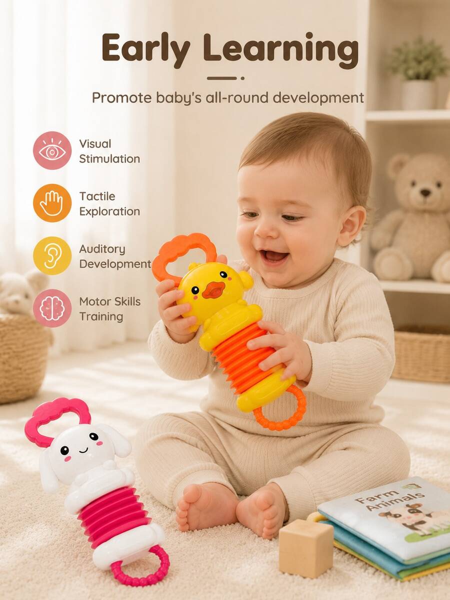 Soft Silicone Cartoon Duck Rabbit Accordion Baby Rattle Teether Toy, Stretchable And Foldable Sensory Musical Crib Toy With Crisp Bell Sound, Hand-Grip Chewable For Teething Relief, Montessori Early Education Fine Motor Skill Training Calming Soothing Toy, Lightweight Portable Travel And Tummy Time Play Toy, Ideal Gender-Neutral Baby Shower Registry Gift For Newborns, Toddlers, Boys And Girls Up To 18 Months