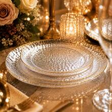 1/20/25/50pcs Gold Rim Hammered Texture Round Flat Plates, Transparent Texture Fruit And Dessert Trays, Western Dinner Wedding Party Table Setting, Holiday Gathering Tabletop Decor Tableware, Restaurant Dessert Display Plates, Light Luxury Nordic Style Home Dining Table Decoration Plates - Clear - View 7