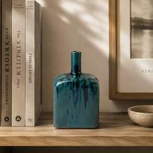Teal Blue Reactive Glaze Ceramic Vase, Modern Square Decorative Bottle Vase For Living Room, Dining Room, Entryway, Shelf & Tabletop Home Decor, 2 Sizes - 1PC - View 8