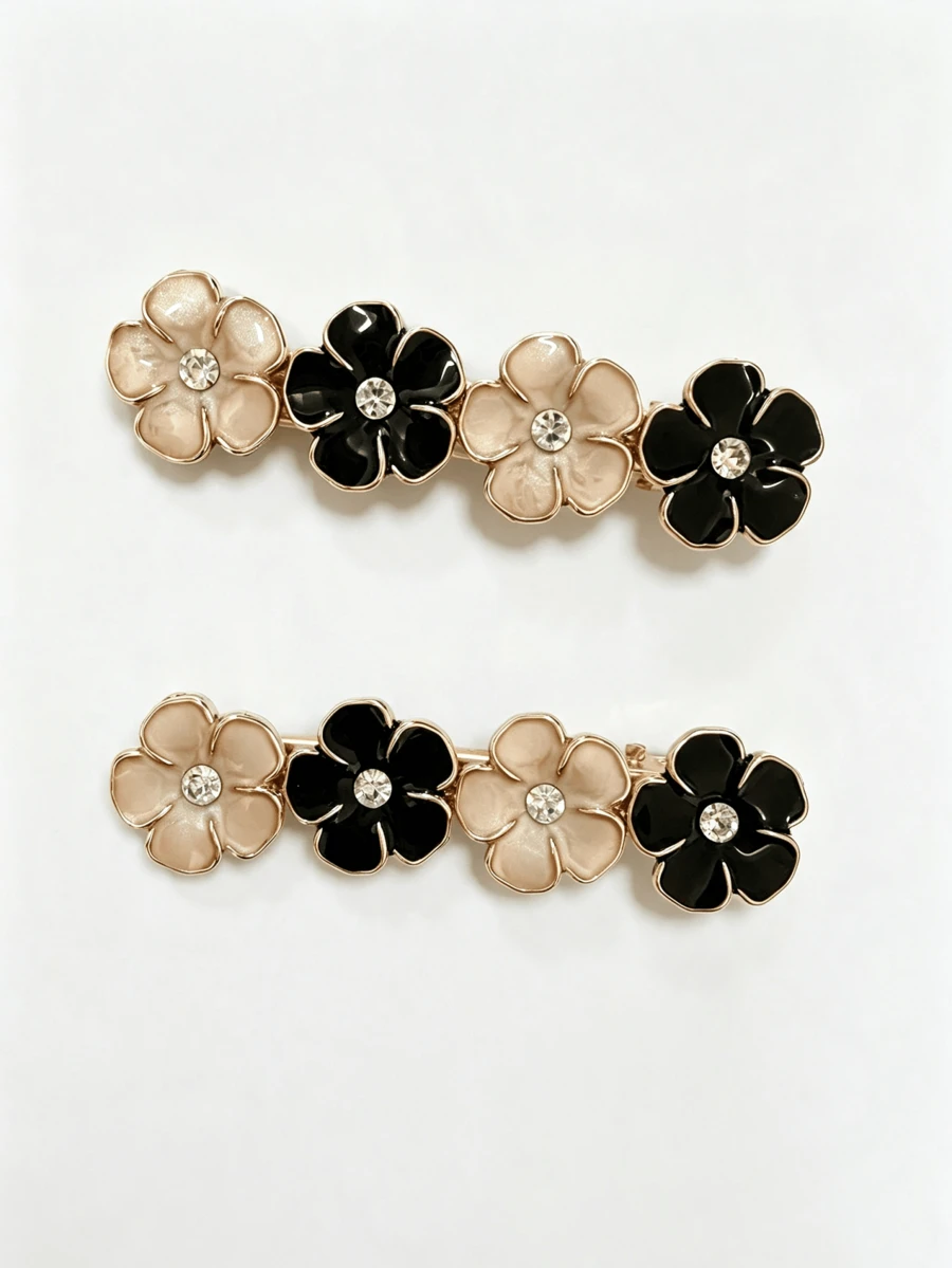 2 piezas de pinzas para el cabello minimalistas y versátiles con flores y pedrería, adecuadas para uso diario - Multicolor - Ver 1