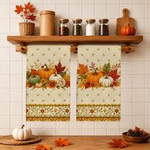 2PCS Kitchen Towels Vintage Floral Border Pumpkin Flower Pattern, Ultra-Fine Microfiber Material Soft Kitchen Towels Dish Cloths, Hand Towels, Tablecloths, Kitchen Decor, Kitchen Cleaning, Bathroom Cleaning, Holiday Party Decoration, Kitchen Bathroom Supplies Home Essentials, Home Decor, Housewarming Gift - Coral Orange - View 1