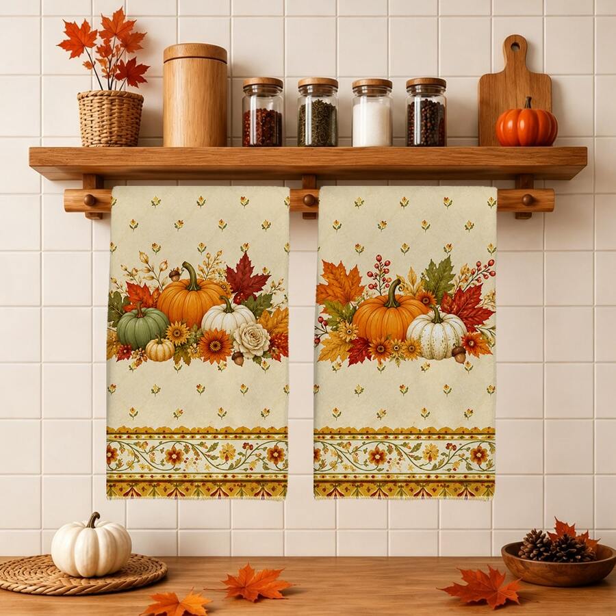2PCS Kitchen Towels Vintage Floral Border Pumpkin Flower Pattern, Ultra-Fine Microfiber Material Soft Kitchen Towels Dish Cloths, Hand Towels, Tablecloths, Kitchen Decor, Kitchen Cleaning, Bathroom Cleaning, Holiday Party Decoration, Kitchen Bathroom Supplies Home Essentials, Home Decor, Housewarming Gift - Coral Orange - View 1