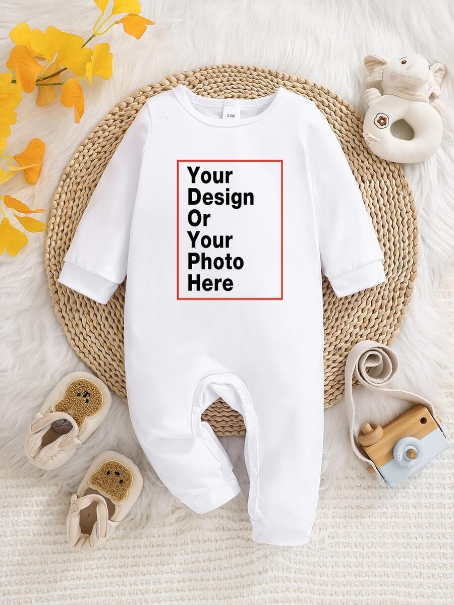 [Customized]Infant Long Sleeve Romper, Customizable Text Or Photo, Personalized Name Print. Round Neck Comfortable Casual Jumpsuit, Durable Easy Care Machine Washable Newborn Crawler - White - View 1