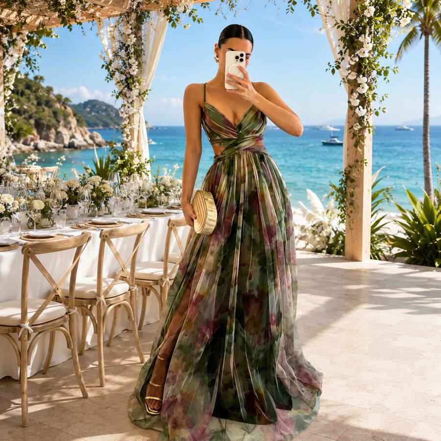 Robe En Maille Imprimée Avec écharpe Robe De Vacances Décontractée - 軍綠色 - 查看 1