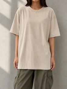 1pc Local Shopping Plus Size 230g Heavyweight 100% Cotton Vintage Washed Basic Oversized T-Shirt - Apricot - View 1