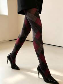 Dark Academia Style Argyle Plaid Print Opaque Tights, Vintage Autumn/Winter Pantyhose - Multicolor - View 4
