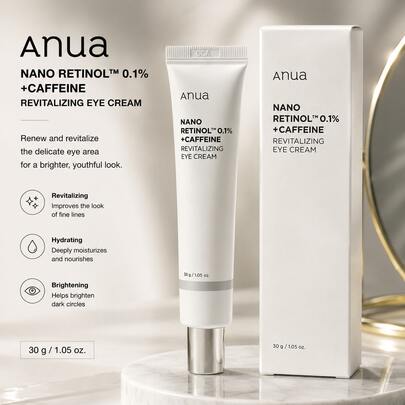 Anua Nano Retinol 0.1% Caffeine Revitalizing Eye Cream 30g, Korean K-Beauty Eye Treatment, Hydrating Anti-Aging Eye Cream For Fine Lines, Dark Circle Care & Youthful Looking Eyes