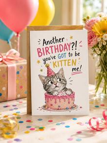 5pcs Funny Kitten Birthday Greeting Card With Kraft Envelope, Cute Tabby Cat In Cake Cartoon Print Happy Birthday Note Card, Humorous Quote Design Party Wish Card, Novelty Birthday Gift For Cat Lovers Friends Family Women Men - Multiple Styles - View 5